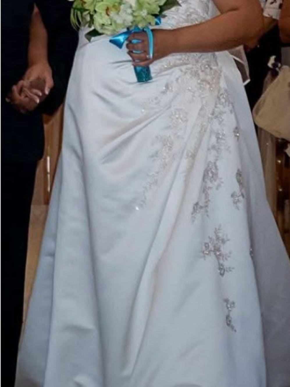 David's Bridal White Satin Wedding Dress with Beaded Floral Accents
